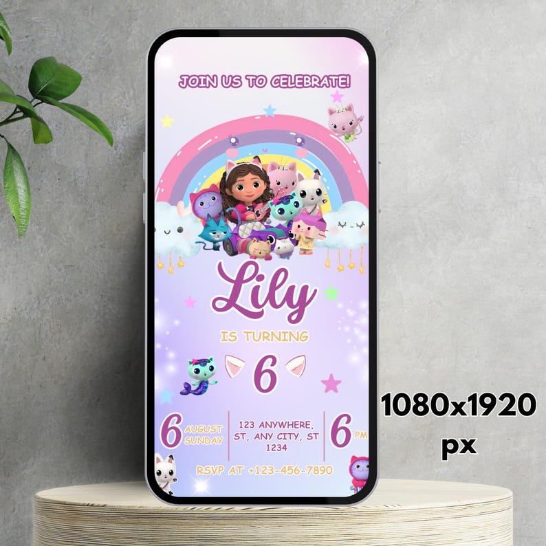Pode incluir: Um convite digital para o 6&ordm; anivers&aacute;rio de Lily, com um design colorido com personagens de desenhos animados, um arco-&iacute;ris e o texto "Junte-se a n&oacute;s para celebrar!" O convite inclui a data, hora, local e informa&ccedil;&otilde;es de RSVP.