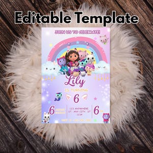 Pode incluir: Um modelo de convite colorido com o texto "Editable Template" no topo. O convite apresenta um arco-&iacute;ris, personagens de desenhos animados e o nome "Lily" com o n&uacute;mero "6". O texto "Join us to celebrate!" tamb&eacute;m &eacute; vis&iacute;vel.