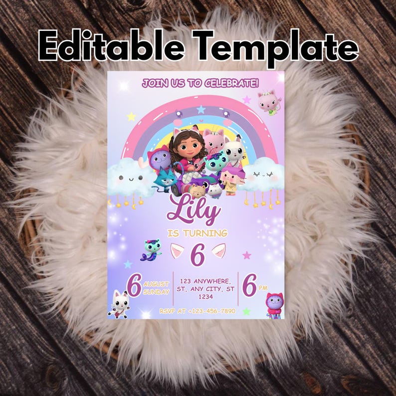 Pode incluir: Um modelo de convite colorido com o texto "Editable Template" no topo. O convite apresenta um arco-&iacute;ris, personagens de desenhos animados e o nome "Lily" com o n&uacute;mero "6". O texto "Join us to celebrate!" tamb&eacute;m &eacute; vis&iacute;vel.