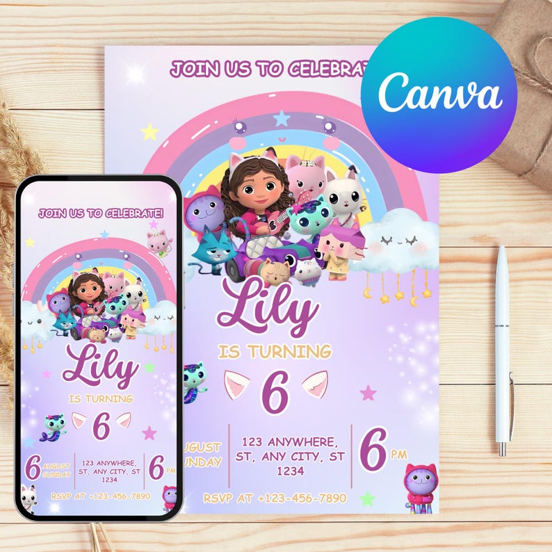 Pode incluir: Um convite para festa de anivers&aacute;rio com tema de desenho animado. O convite &eacute; lavanda com um arco-&iacute;ris, estrelas e o nome "Lily". O texto "Junte-se a n&oacute;s para celebrar!" e "Lily est&aacute; fazendo 6 anos" s&atilde;o exibidos. Um smartphone exibe o mesmo design.