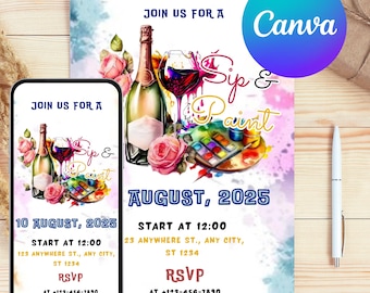 Bearbeitbare Sip and Paint Party Einladung: Wein Geburtstag einladen (Digitaler Download)