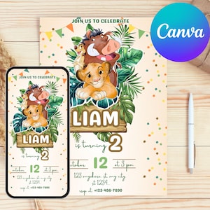 Puede incluir: Una invitación de cumpleaños con el tema del Rey León. El diseño incluye ilustraciones de Simba, Timón y Pumba, con el nombre "LIAM" y el número "2" en un lugar destacado. La invitación también incluye la fecha, la hora y el lugar.