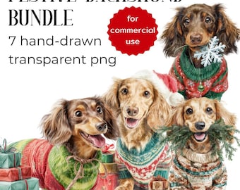 May include: A digital illustration featuring four dachshunds wearing festive sweaters and holding holiday decorations. The image includes text that reads "FESTIVE DACHSHUND BUNDLE" and "for commercial use". The dogs are surrounded by wrapped gifts.