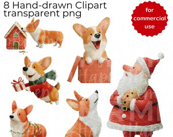 8 ręcznie rysowanych obrazów PNG z Corgi i Świętym Mikołajem, świąteczne ozdoby, wspaniałe światła (do pobrania cyfrowego)