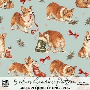 May include: A seamless digital pattern on a light sage green background featuring watercolor illustrations of Corgi dogs, red Christmas stockings, pine sprigs with red berries, and red bows. The text reads MR Happy Lemon 5 colours Seamless Pattern.