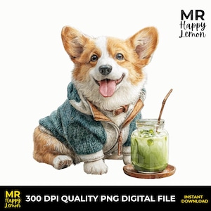 Może przedstawiać: Cyfrowa ilustracja uśmiechniętego corgi w turkusowym swetrze z brązowym kołnierzem i zamkiem błyskawicznym. Szklany słoik z zielonym napojem i słomką stoi obok psa. Obraz zawiera tekst "300 DPI QUALITY PNG DIGITAL FILE".