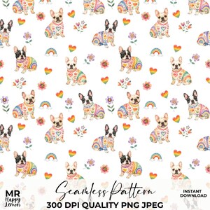 French Bulldog Pride Seamless Pattern rainbow Frenchie Digital Paper LGBTQ Dog Fabric Design Love Is Love Print Commercial Use JPG PNG