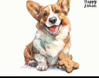 Ręcznie malowany świąteczny Corgi w formacie PNG, clipart piernikowego ludzika (pobieranie cyfrowe)