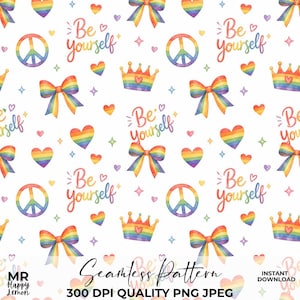 May include: A seamless pattern on a white background featuring repeating rainbow-colored elements including bows, peace signs, crowns, and hearts. The text "Be yourself" is written in a colorful script font interspersed among the various icons.