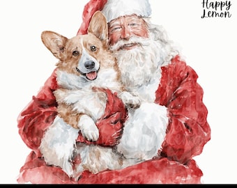 Malowany ręcznie Santa Corgi, Boże Narodzenie PNG, czapka Mikołaja, światła (pobranie cyfrowe)