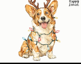 Malowany ręcznie corgi na Boże Narodzenie w formacie PNG, czapka Mikołaja, światła (pobranie cyfrowe)
