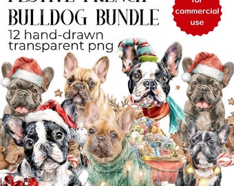 12 Hand-Painted French Bulldog Puppy Christmas Transparent PNG, Santa Hat, Lights (Digital Download)