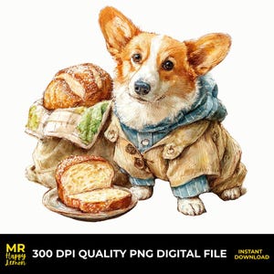 May include: Watercolor illustration of a corgi dog wearing a blue and tan coat, with a loaf of bread in a cloth bag and a slice of bread on a plate. The image includes the text "300 DPI QUALITY PNG DIGITAL FILE".