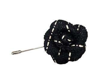 M&S Schmalberg 2" Black and White Wool Tweed Camellia Fabric Flower Lapel Stick Pin Boutonniere Brooch