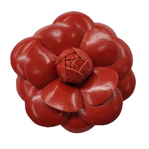 M&S Schmalberg 4&quot; Large Red Leather Camellia Flower Brooch Lapel Pin - Handmade in USA