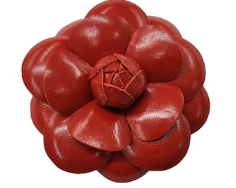 M&S Schmalberg 4" Large Red Leather Camellia Flower Brooch Lapel Pin - Handmade in USA
