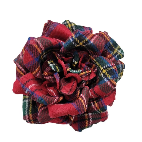 M&S Schmalberg 3.5" Red Tartan Plaid Opened Rose Fabric Flower Brooch Pin