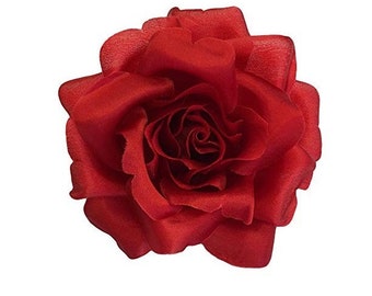 M&S Schmalberg Broche de flor de tela de rosa roja de seda de 3,5" - Hecho en EE. UU.