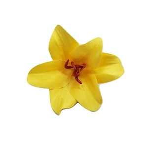 Pode incluir: Uma única flor de lírio artificial amarela com estames vermelhos.