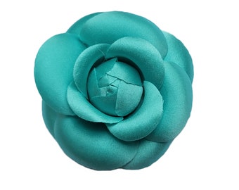 M&S Schmalberg 3" Turquoise Classic Camellia Brooch Pin Silk Fabric Flower Pin Made in USA