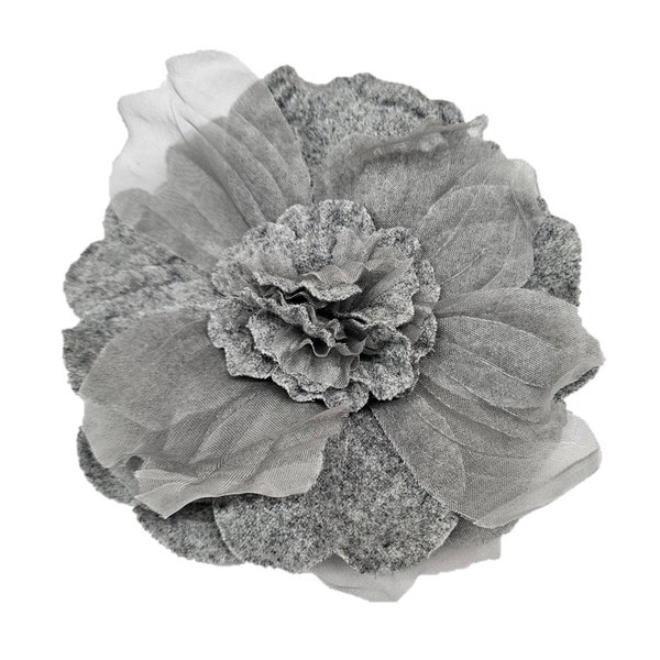 M&S Schmalberg 4.5" Grey Felt and Silk Organza Overlay Blooming Peony Fabric Flower Brooch Pin