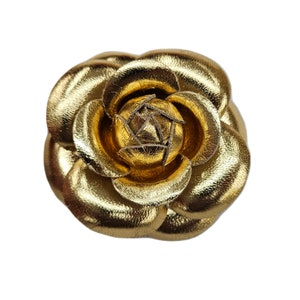 M&S Schmalberg 3" Classic Camellia - Gold Metallic Leather Camellia Flower Brooch Pin