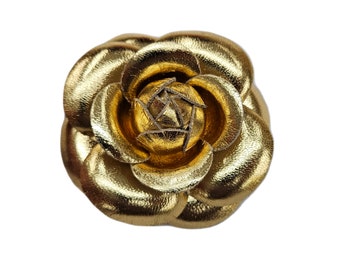 M&S Schmalberg 3" Classic Camellia - Gold Metallic Leather Camellia Flower Brooch Pin