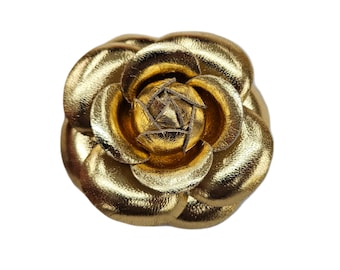 M&S Schmalberg 3" Classic Camellia - Gold Metallic Leather Camellia Flower Brooch Pin