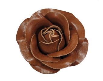 M&S Schmalberg 3" Classic Rose - Toffee Brown Genuine Leather Roses Flower Brooch Pin