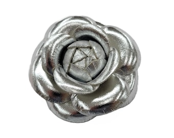 M&S Schmalberg 3" Silver Leather Metallic Camellia Flower Brooch Pin Genuine Real Leather Made in NY