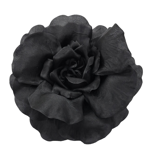 M & S Schmalberg 18 cm Große Schwarze Geöffnete Rose Silk Satin Faced Rose mit Brosche Revers - Made in USA