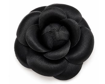 M&S Schmalberg 3" Black Satin Camellia Brooch Lapel Pin - Artificial Flower