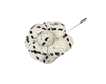 M&S Schmalberg 2" White and Black Wool Tweed Camellia Fabric Flower Lapel Stick Pin Boutonniere Brooch