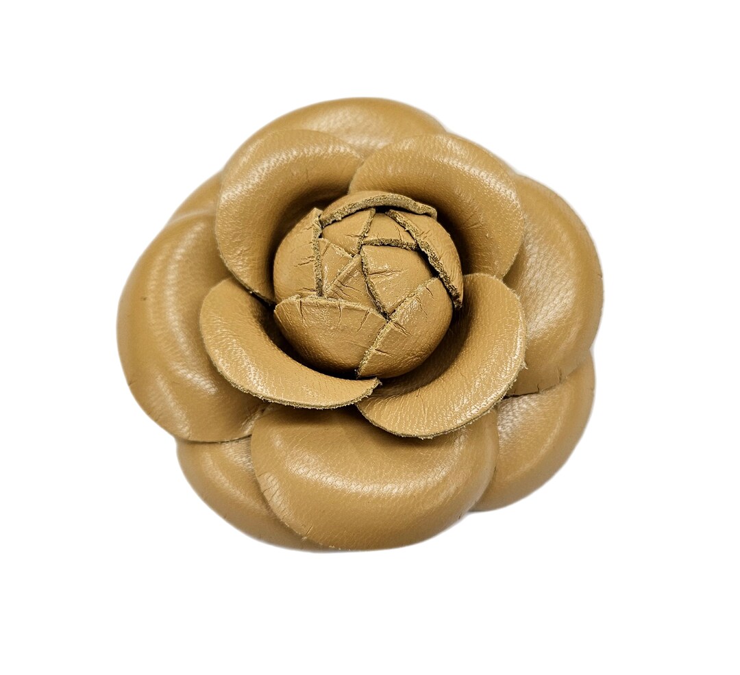 M&S Schmalberg Black Leather Camellia Brooch Pin - Handmade In New York, 3 Inch Flower Pin