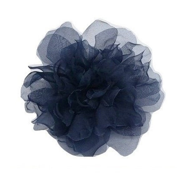 M & S Schmalberg 15 cm große Organza Blume Navy Blue Indigo Gardenia Blume Seide Blumen Brosche