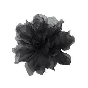 M&S Schmalberg 4.5" Black Flower Gardenia Flower Silk Organza Millinery Fabric Flower Brooch Pin