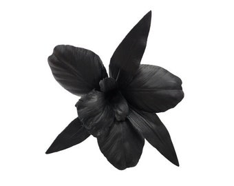 M&S Schmalberg 6" Black Leather Orchid Flower Brooch Pin