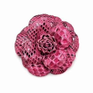 Pink Python Camellia Flower Brooch Pin 3.5" Large Real Snakeskin Leather M&S Schmalberg Handmade USA