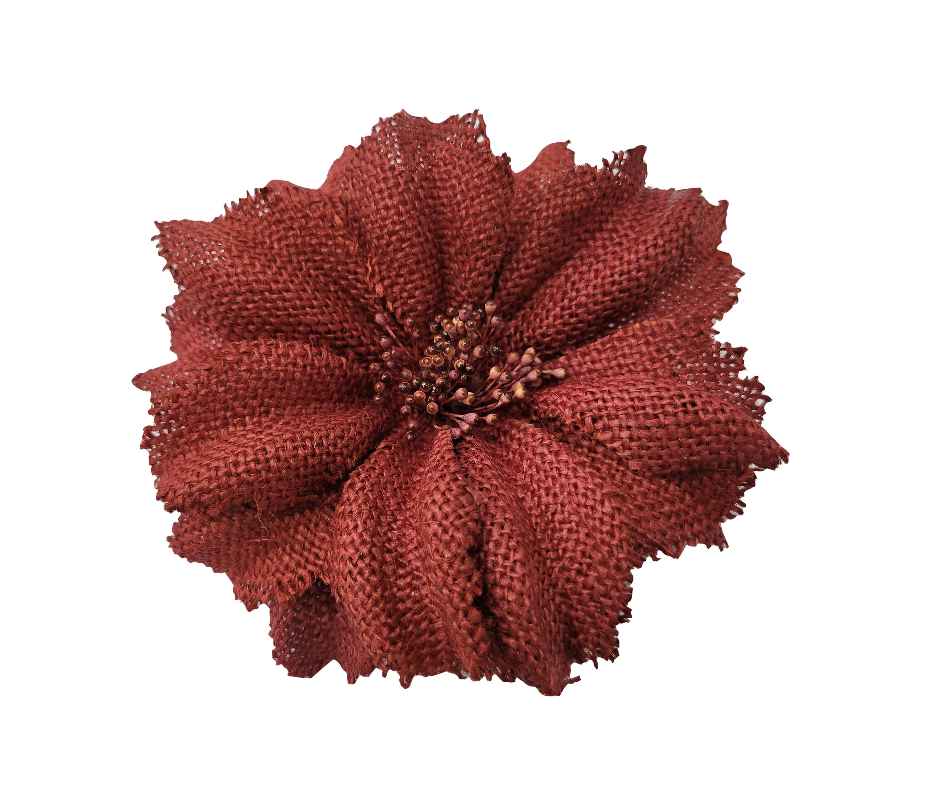 M&S Schmalberg 5.5" Ruby Red Merlot Burlap Flower Hand Shaded Millinery Artificial Brooch Pin