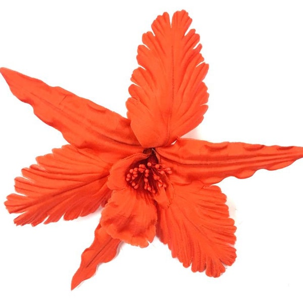 M&S Schmalberg 7" Bright Orange Hand-Wired Orchid Millinery Fabric Flower Pin