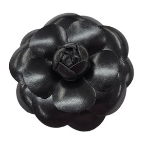 M&S Schmalberg 4&quot; Large Black Leather Camellia Flower Brooch Lapel Pin - Handmade in USA