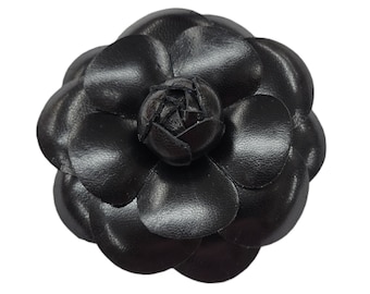 M&S Schmalberg 4" Large Black Leather Camellia Flower Brooch Lapel Pin - Handmade in USA