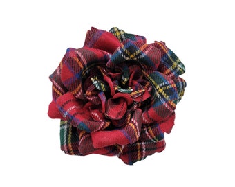 M&S Schmalberg 3.5" Red Tartan Plaid Opened Rose Fabric Flower Brooch Pin