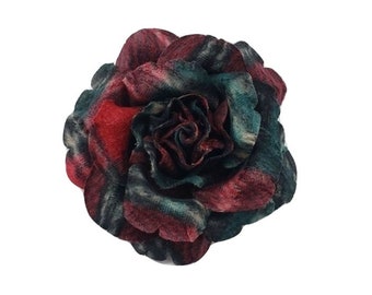 M&S Schmalberg 3.5" Red Green Blue Tartan Plaid Rose Fabric Flower Brooch Pin