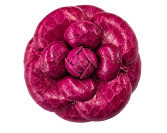 M&S Schmalberg 3" Camellia Raspberry Pink Python Snakeskin Leather Lapel Pin.  Camellia Flower Brooch Pin.  Handmade in NYC