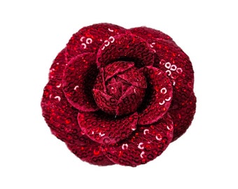 M&S Schmalberg 3" Red Sequin Camellia Fabric Flower Brooch Pin