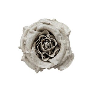 M&S Schmalberg 4&quot; Metallic Silver Linen Rose Millinery Flower Brooch Pin Handmade in USA