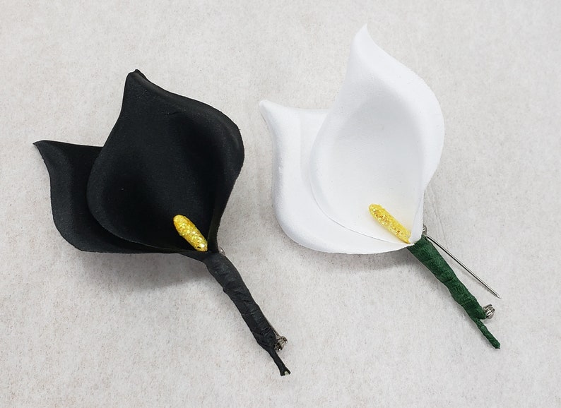 M S Schmalberg Black Calla Lily Brooch Pin Fabric Flower Pin Made In m-s-schmalberg-black-calla-lily-brooch-pin-fabric-flower-pin-made-in