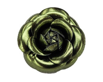 M&S Schmalberg 3" Green Leather Metallic Camellia Flower Brooch Pin Genuine Real Leather Made in NY