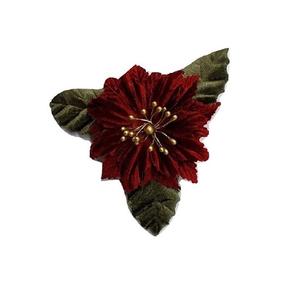 M&S Schmalberg Red Velvet Poinsettia Fabric Flower Pin / Brooch